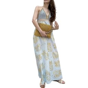 Debbie Katz Large Luxe Maxi Dress Tropical Crochet Halter Blue & Gold Vacation
